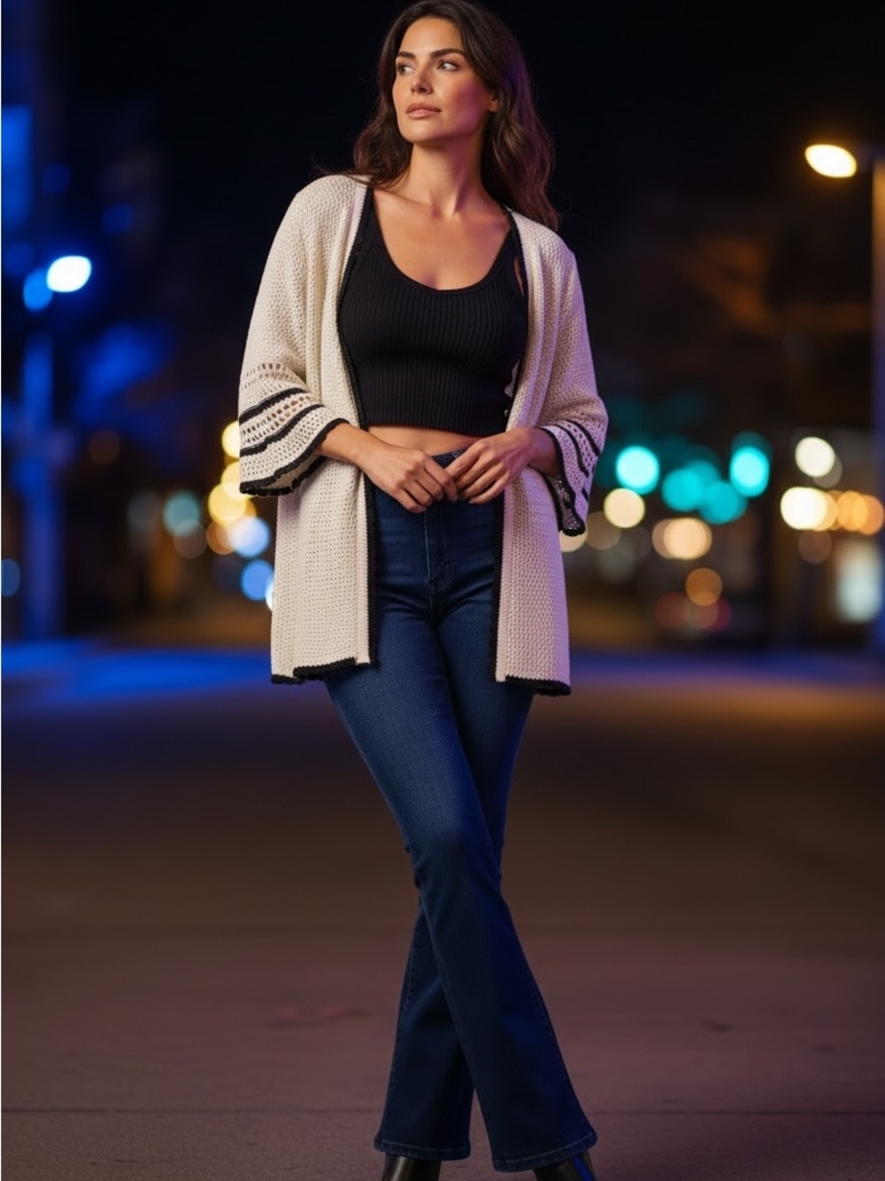 Boho Cream Crochet Open Cardigan with Black Trim